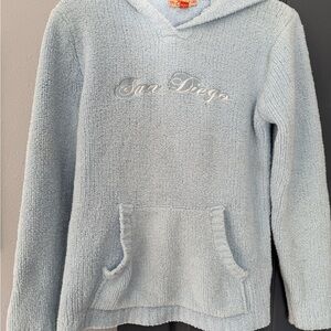 Exist Pale Baby Blue Plush San Diego Hooded Pullover with Embroidered Script